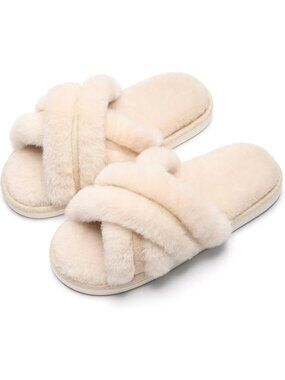 Women's Beige Fuzzy Cross Band Memory Foam House Open Toe Soft Slipper Shoes